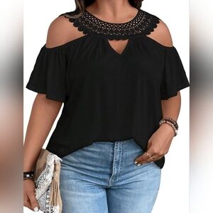 GORGLITTER Women's Plus Lace Cold Shoulder Blouse Cut Out Butterfly Short Sleeve